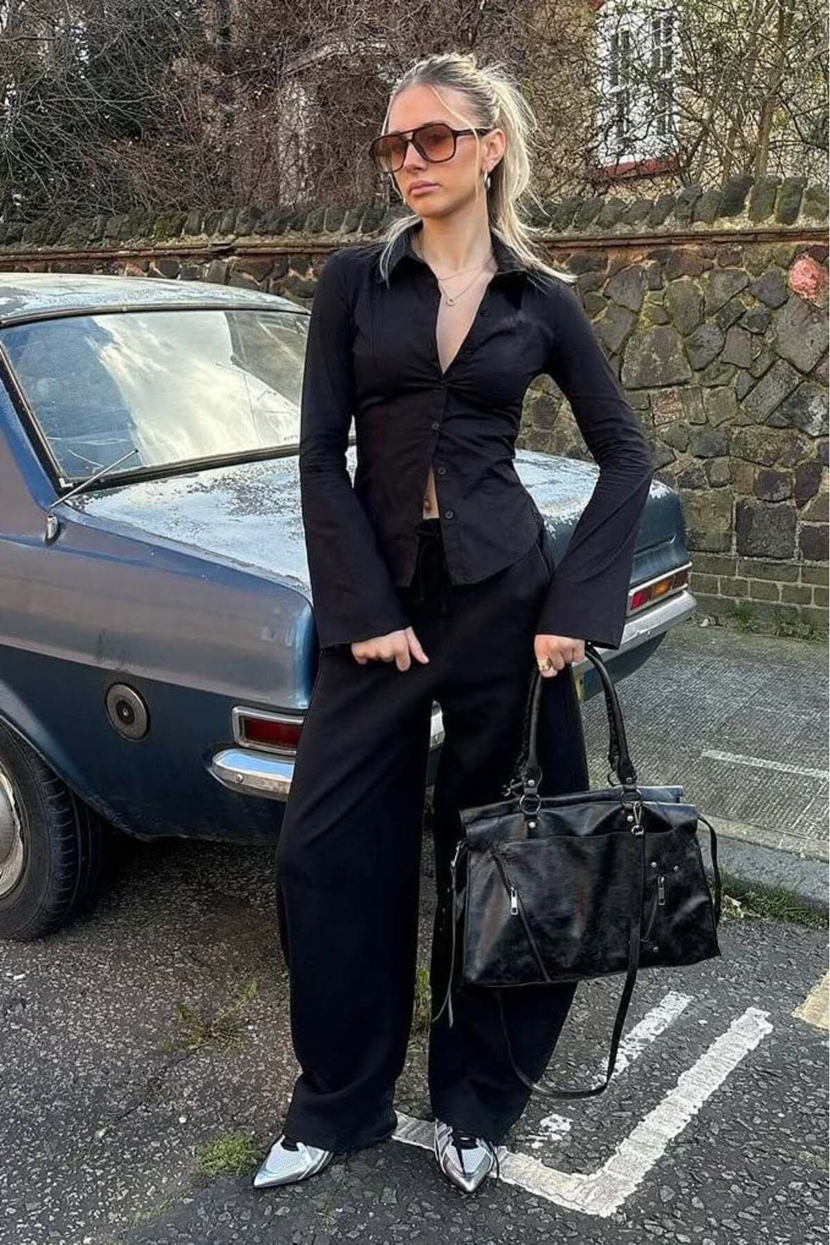 Seeh Siyah/Beyaz Uzun Kollu Vücuda Oturan Gömlek SH356 görsel 6