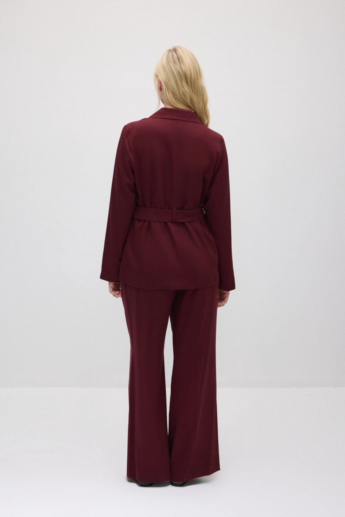 Gusto Beli Kemerli Tencel Ceket - Bordo görsel 4