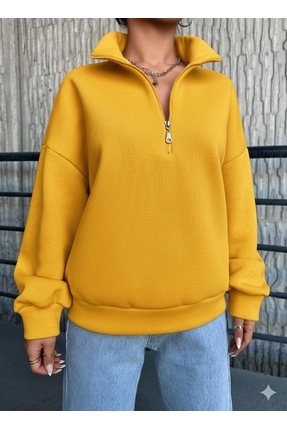 ELORA BOUTİQE Kadın Dik Yaka Yarım Fermuarlı Rahat Kalıp Sweatshirt