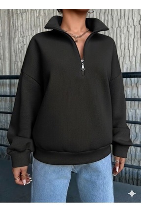 ELORA BOUTİQE Kadın Dik Yaka Yarım Fermuarlı Rahat Kalıp Sweatshirt