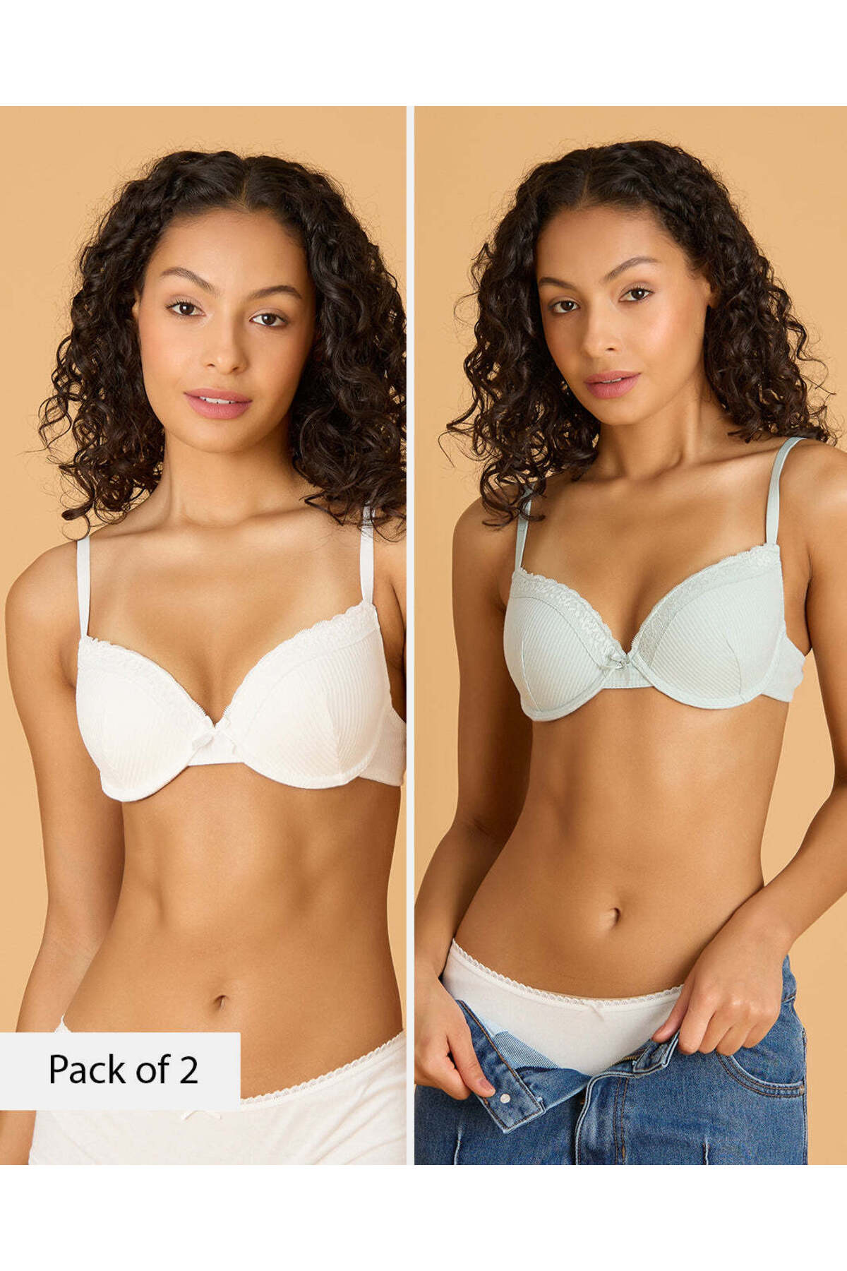 REDTAG Women Assorted 2 Pack Ribbed Plunge Bras with Lace