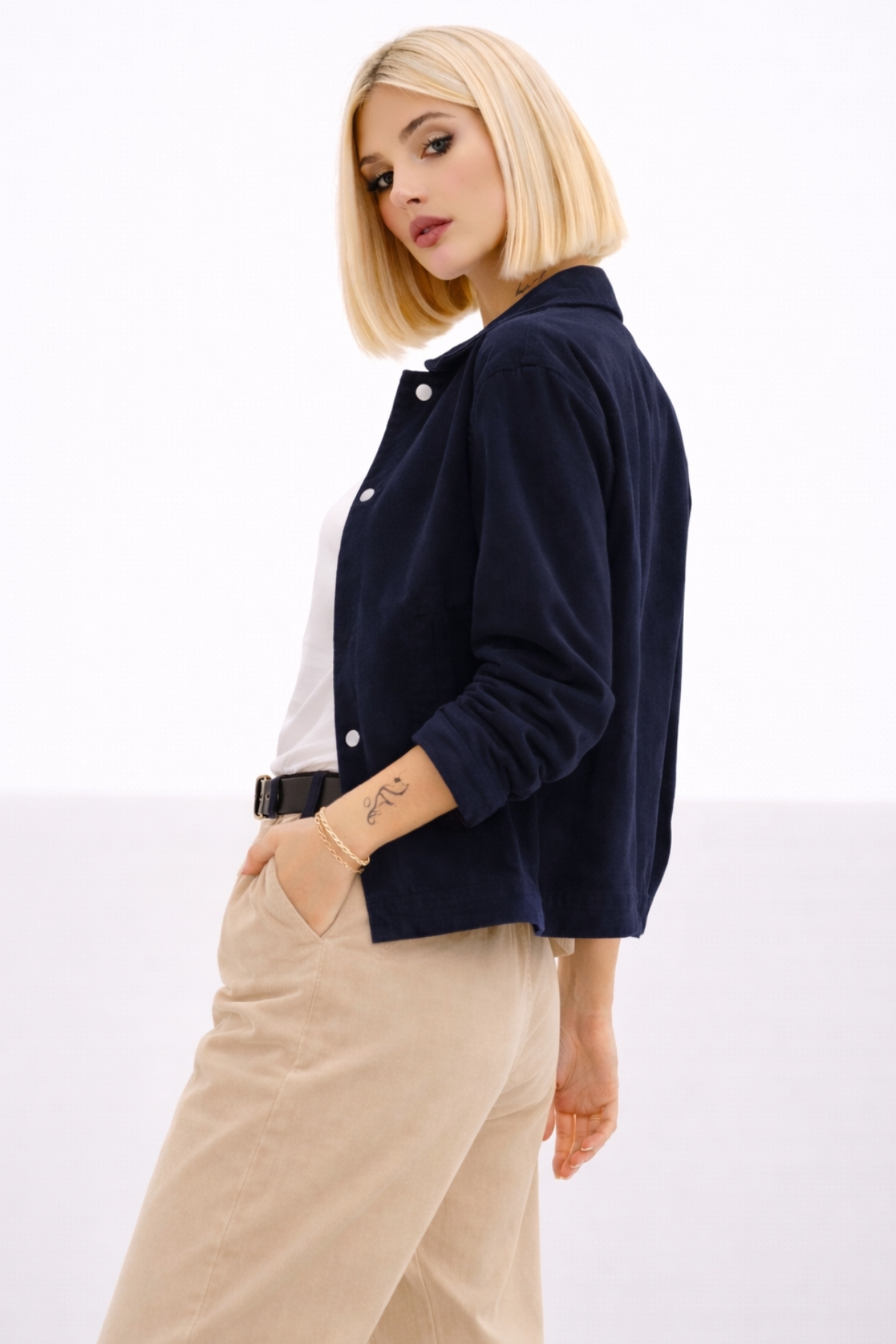 Montland  Kadın Lacivert Oversize Basic Gabardin Mevsimlik Çıt Detaylı İç Cepli Ceket - Görsel 5