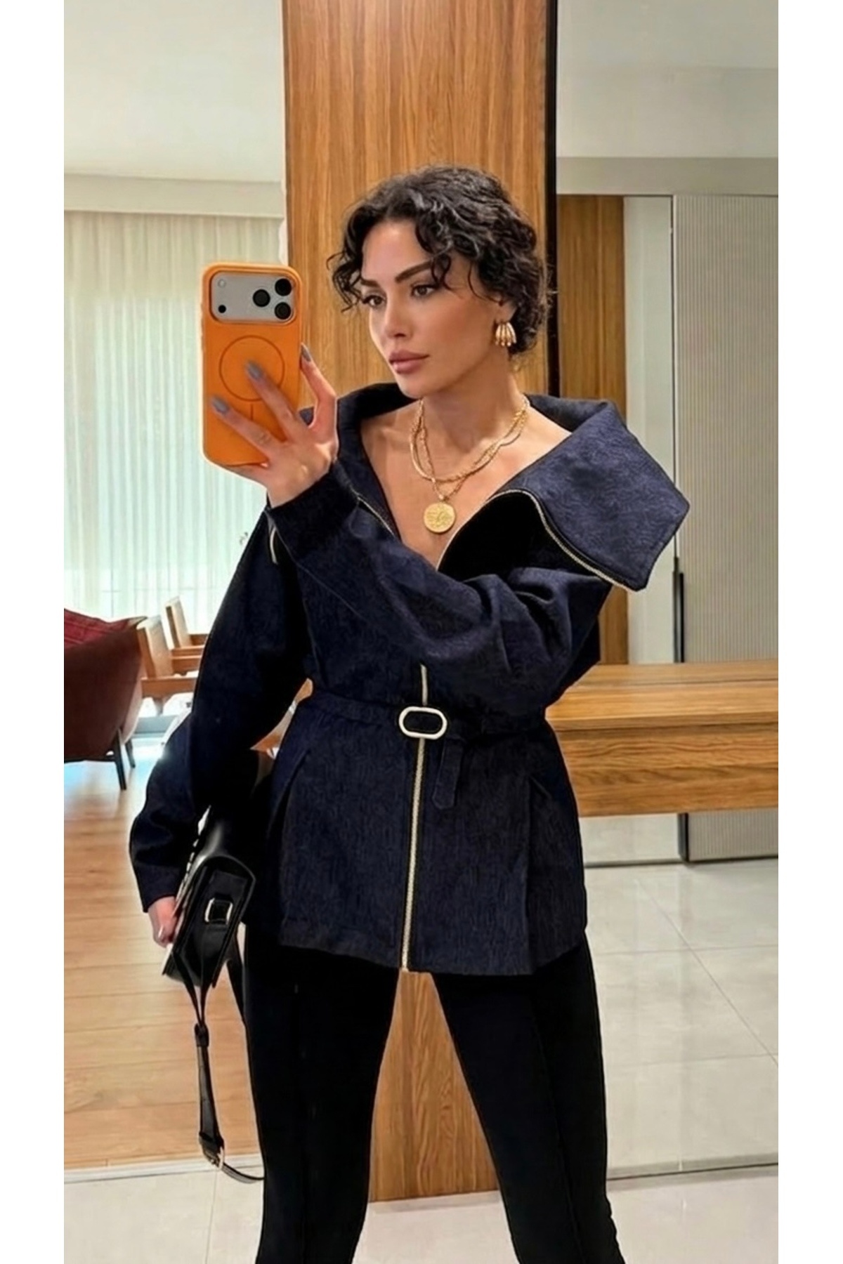 timagna  Kadın Koyu Lacivert Belden Bağlamalı Fermuarlı Denim Ceket - Geniş Yaka Jakarlı Ceket - Görsel 2