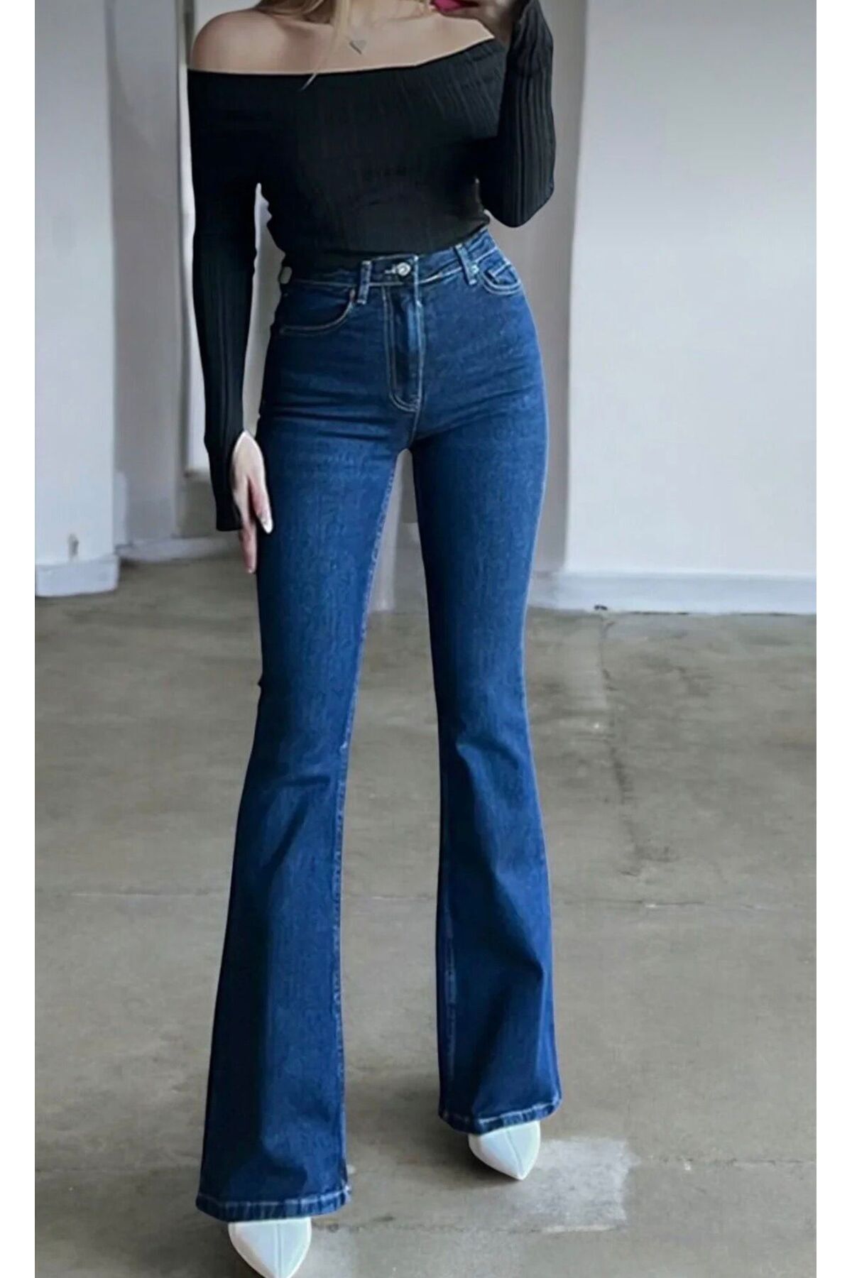 MRİABE  KoyuMavi Yüksekbel Flare Jeans (LİKRALI) - Görsel 4