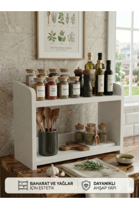 Hagen Beyaz Ahşap Mutfak Tezgah Rafı Mutfak Düzenleyici Raf Baharatlık Rafı E...