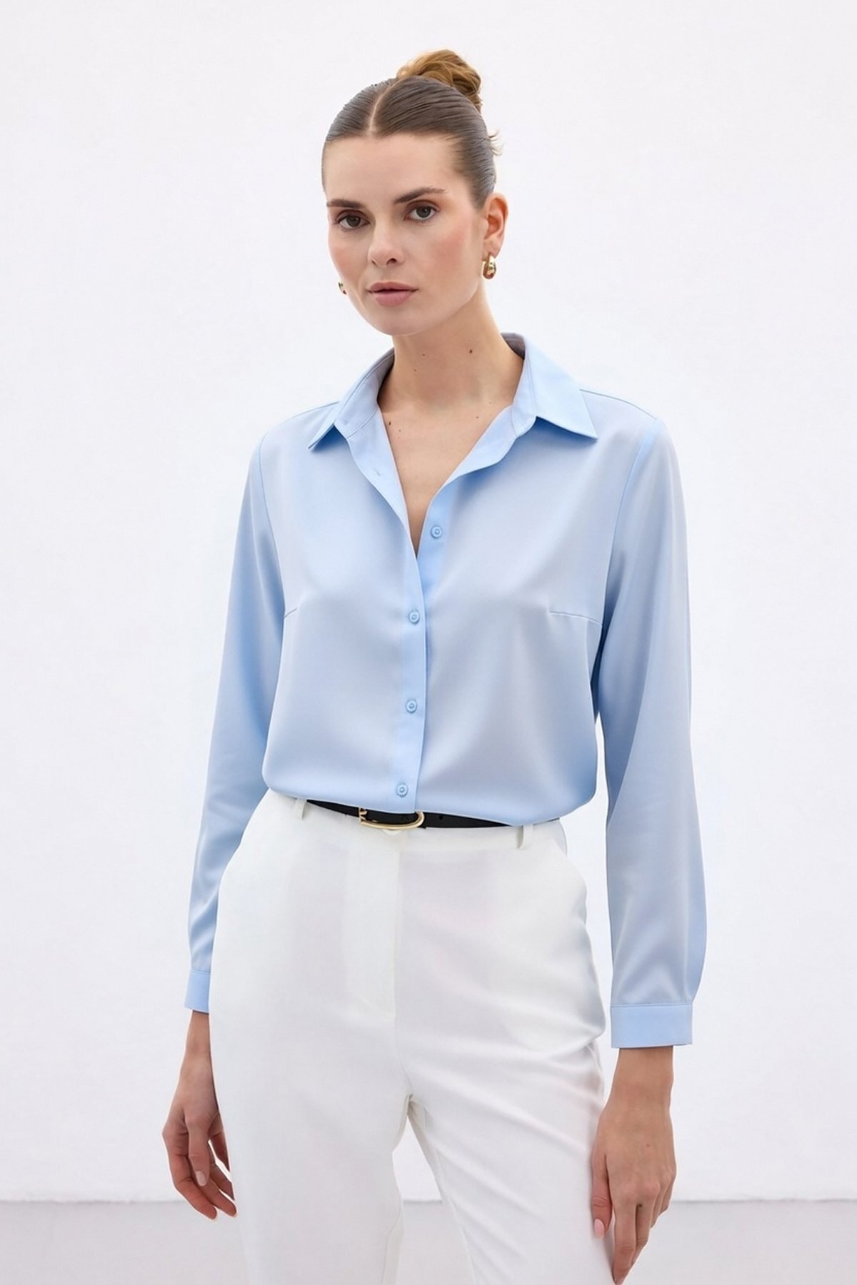 Sateen  Düz Klasik Gömlek - Mavi - Görsel 2