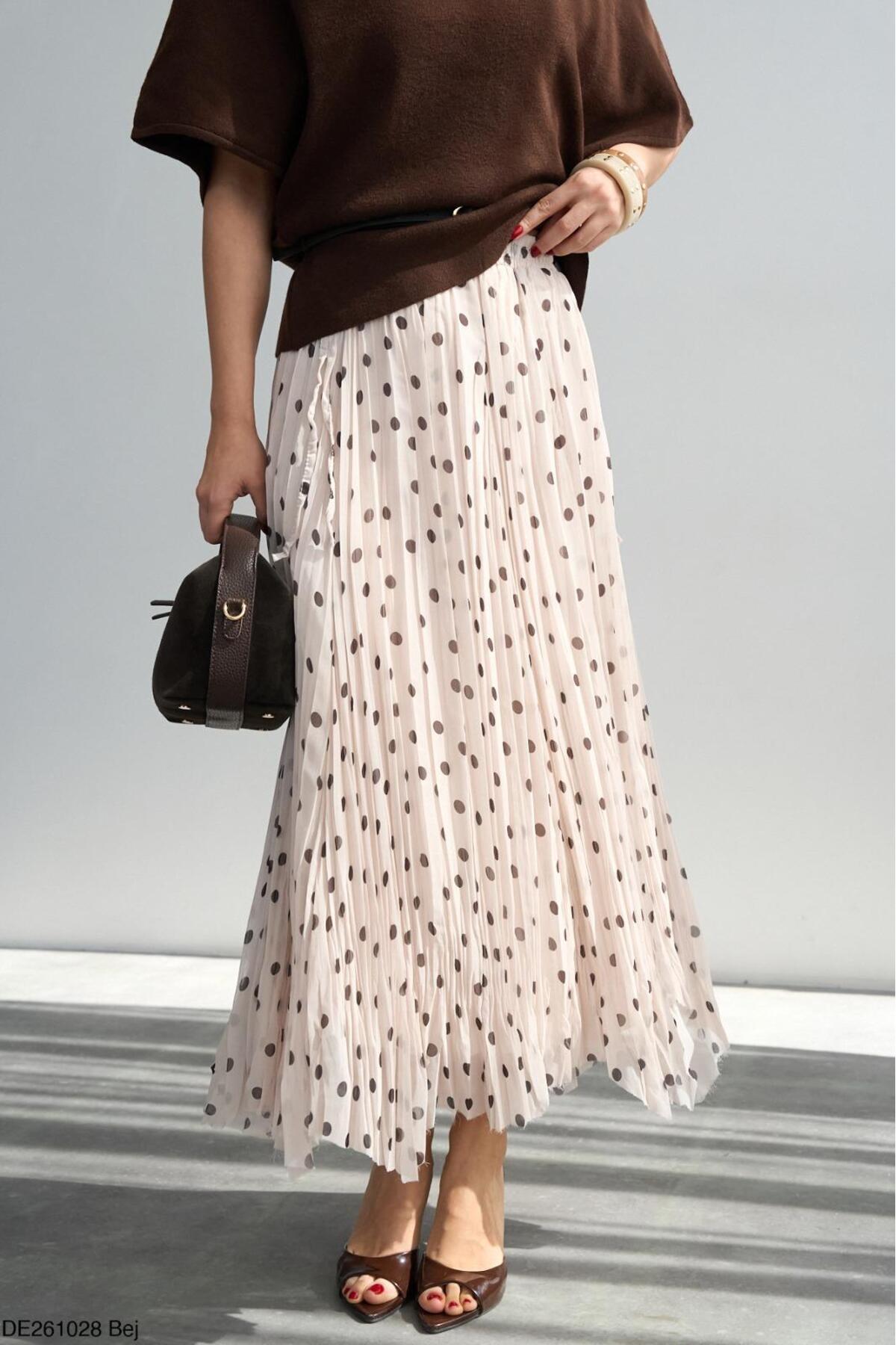 CADDELAMODA  Asimetrik Kesim Astarlı Puantiyeli Şifon Etek - Görsel 3