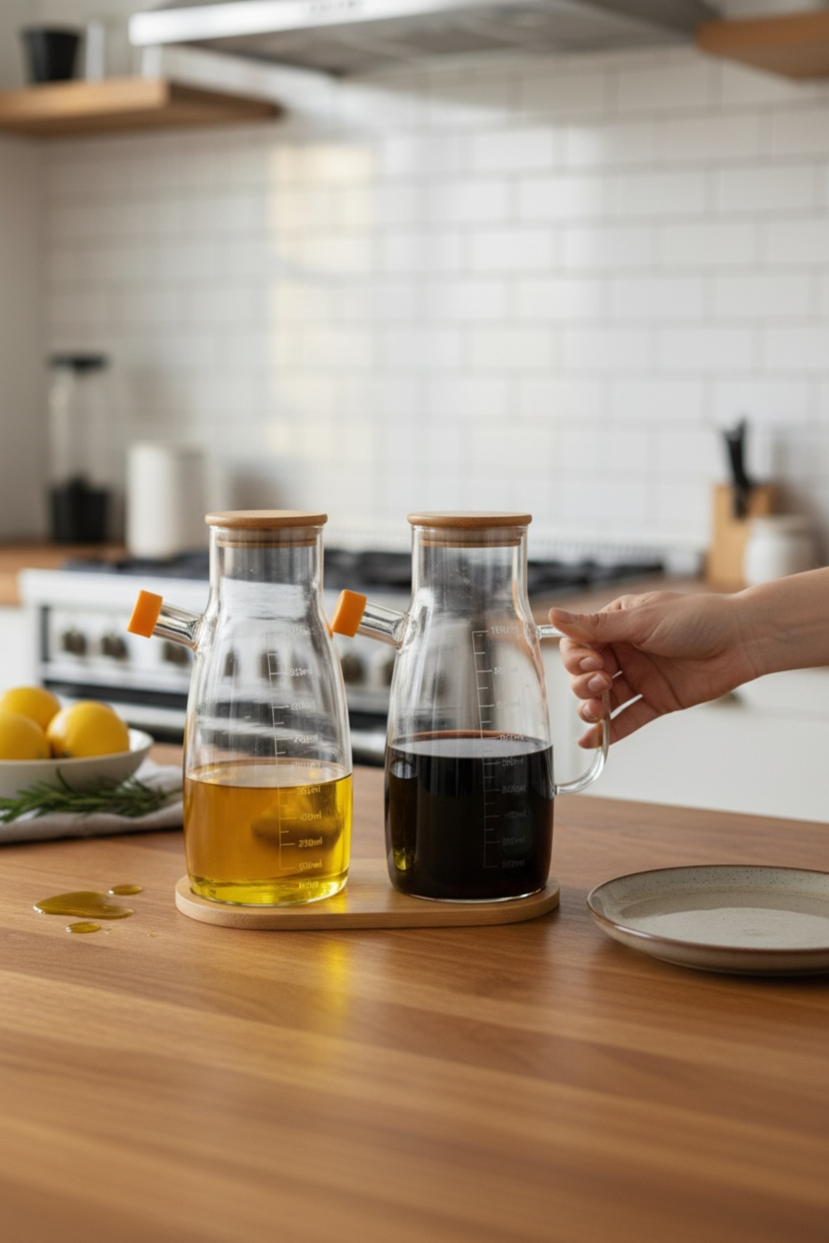 2’li 1000ml Borosilikat Cam Yağdanlık Set Sızdırmaz Kapak Zeytinyağı ve Sirke Şişesi