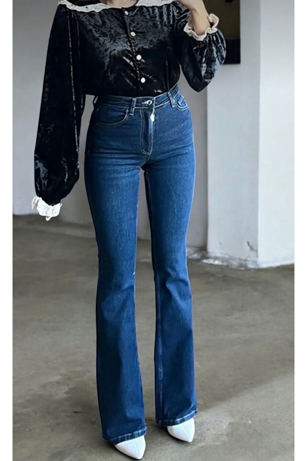 MRİABE  KoyuMavi Yüksekbel Flare Jeans (LİKRALI)
