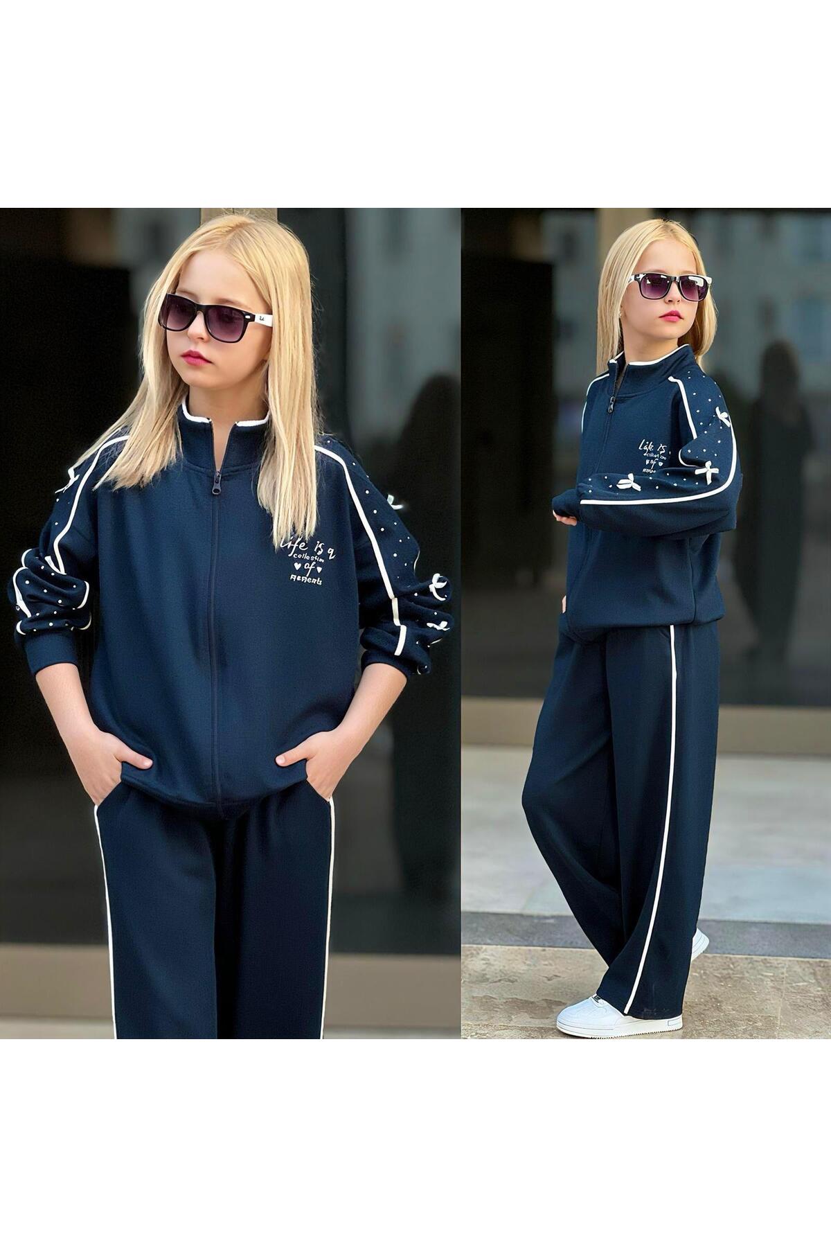 Girls Navy Blue Striped Zippered Tracksuit – Casual Cut Casual Sports Set 6483L
