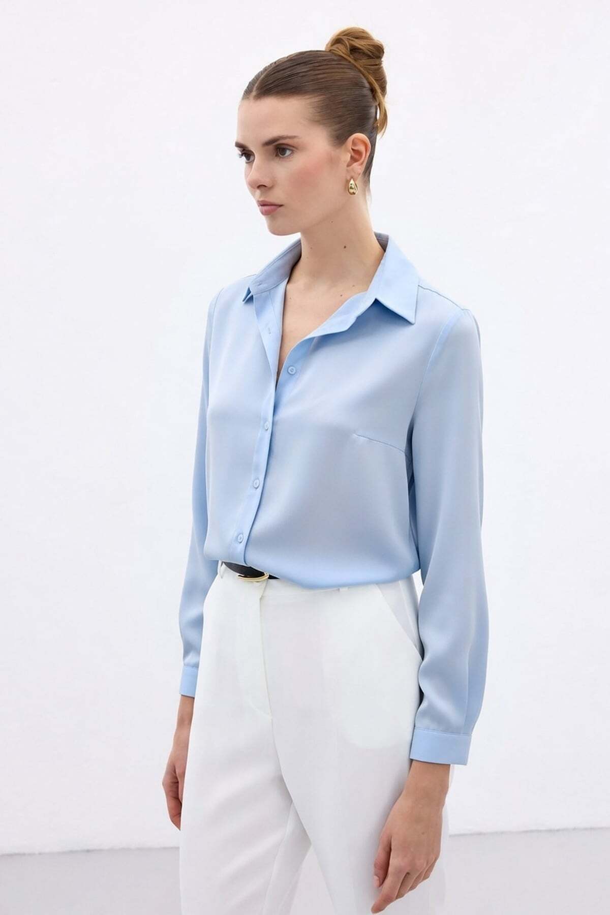 Sateen  Düz Klasik Gömlek - Mavi - Görsel 3