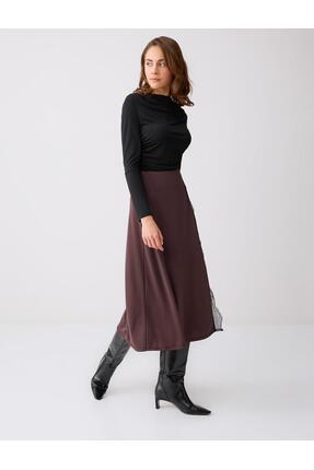 Jimmy Key Acı Kahve Rahat Kesim Normal Bel Yırtmaçlı Midi Örme Etek