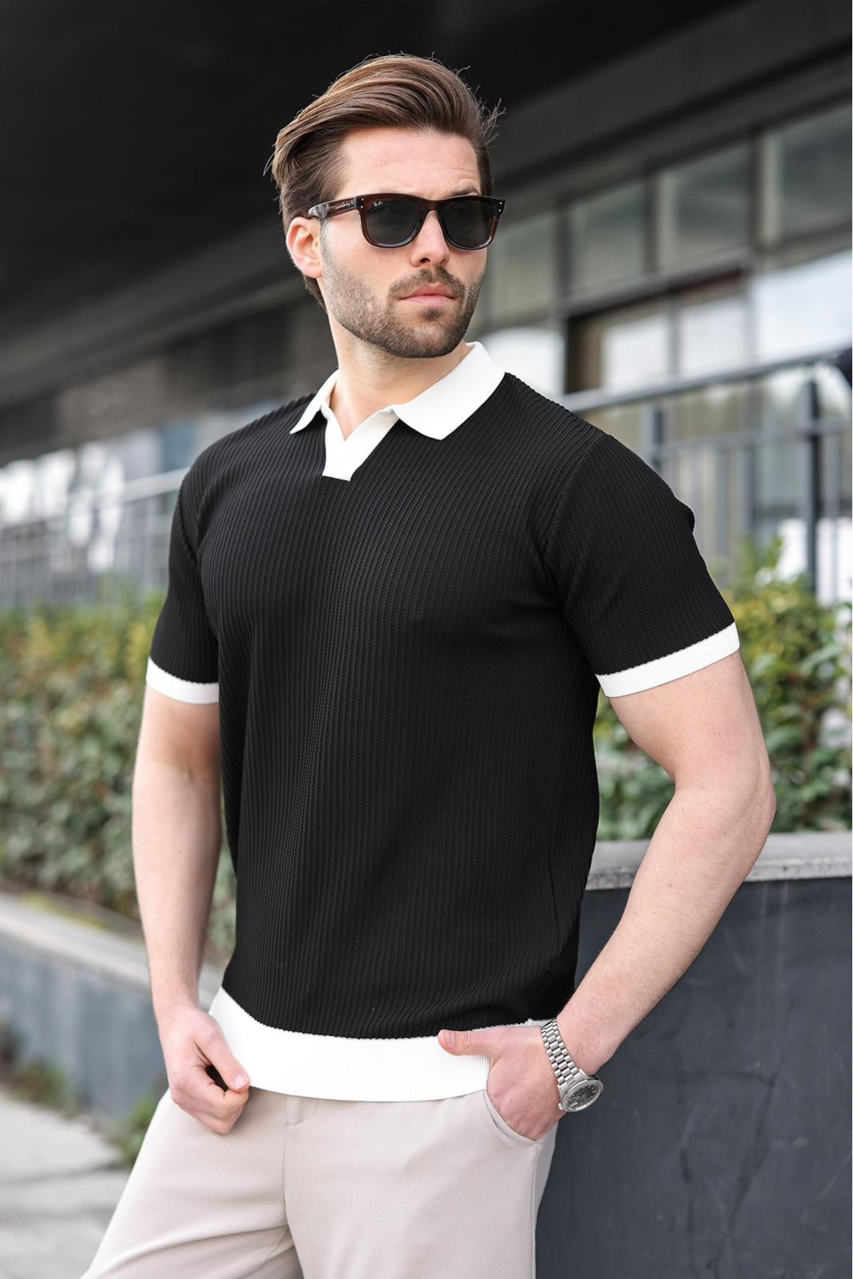 Black Polo Neck Knitwear Men's T-Shirt E7464