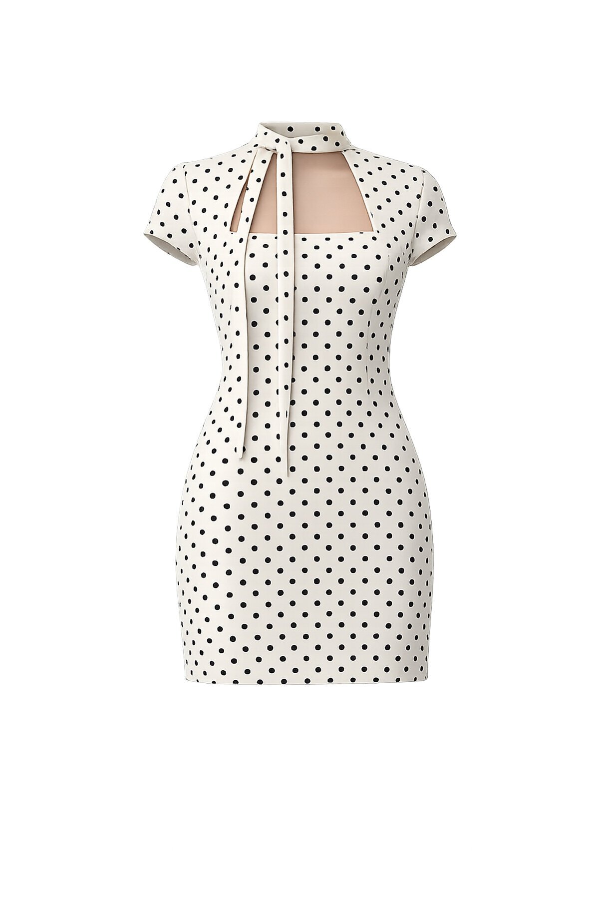 VAGGON  Puantiye Desenli Boyun Bağlamalı Mini Elbise - Görsel 6