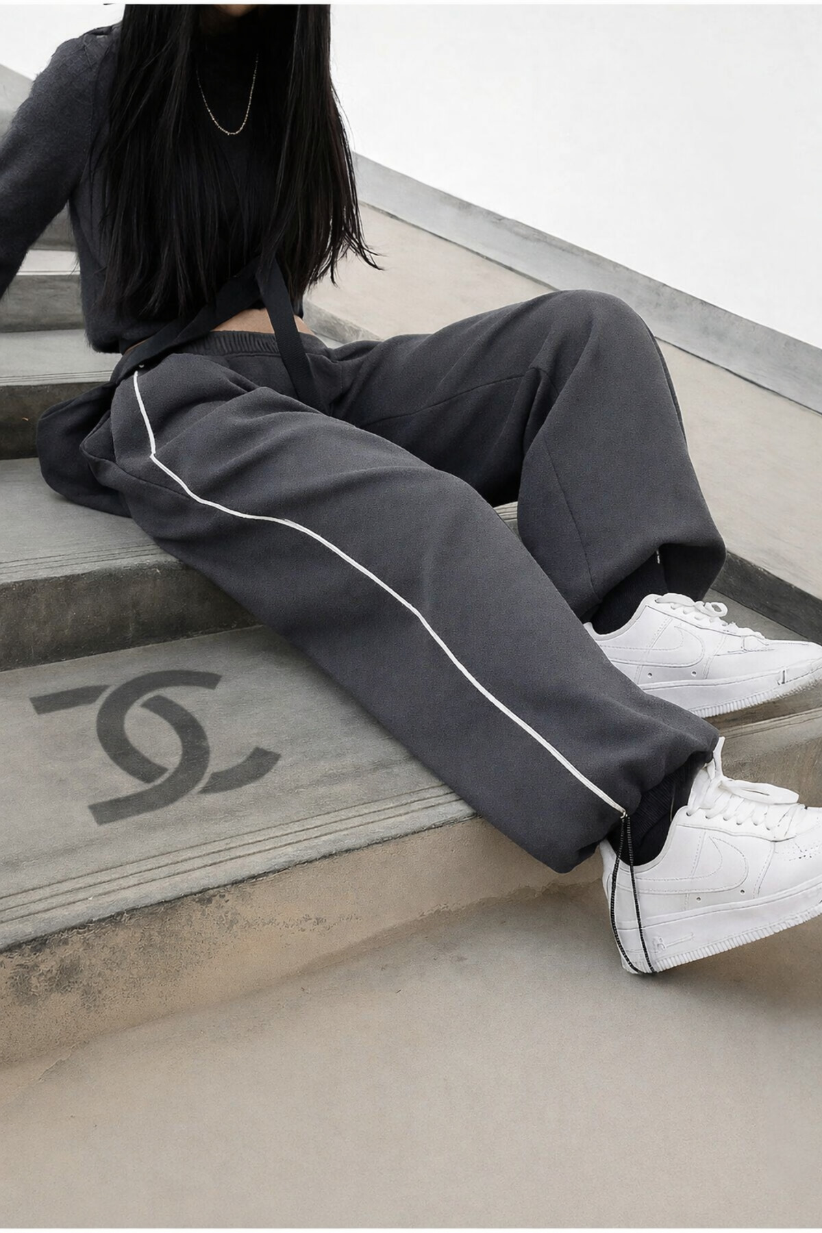 De Carte Harajuku Streetwear Side Strip Kadın Bol Ayarlanabilir Boru Paça Eşofman Altı