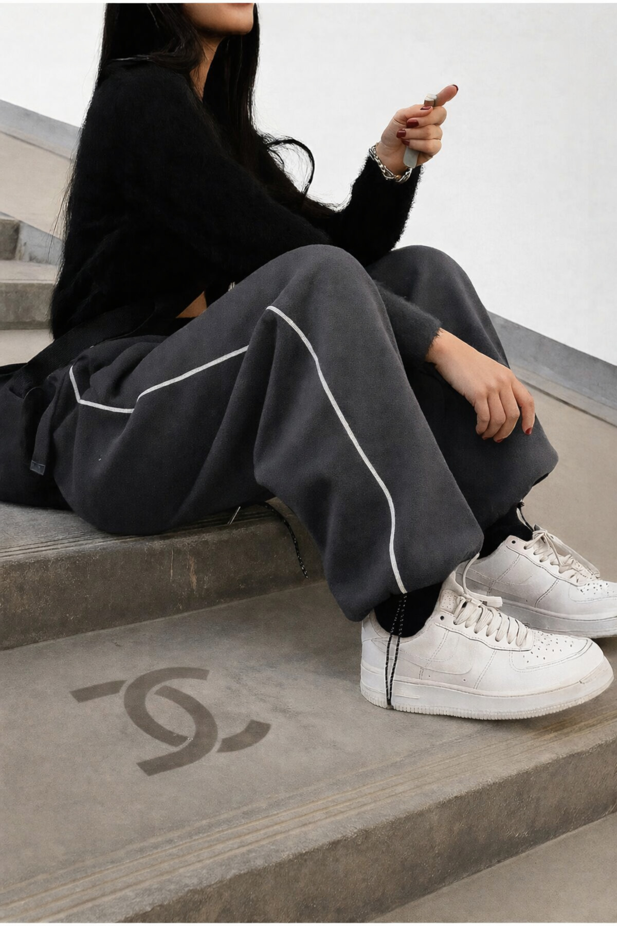 De Carte Harajuku Streetwear Side Strip Kadın Bol Ayarlanabilir Boru Paça Eşofman Altı görsel 3