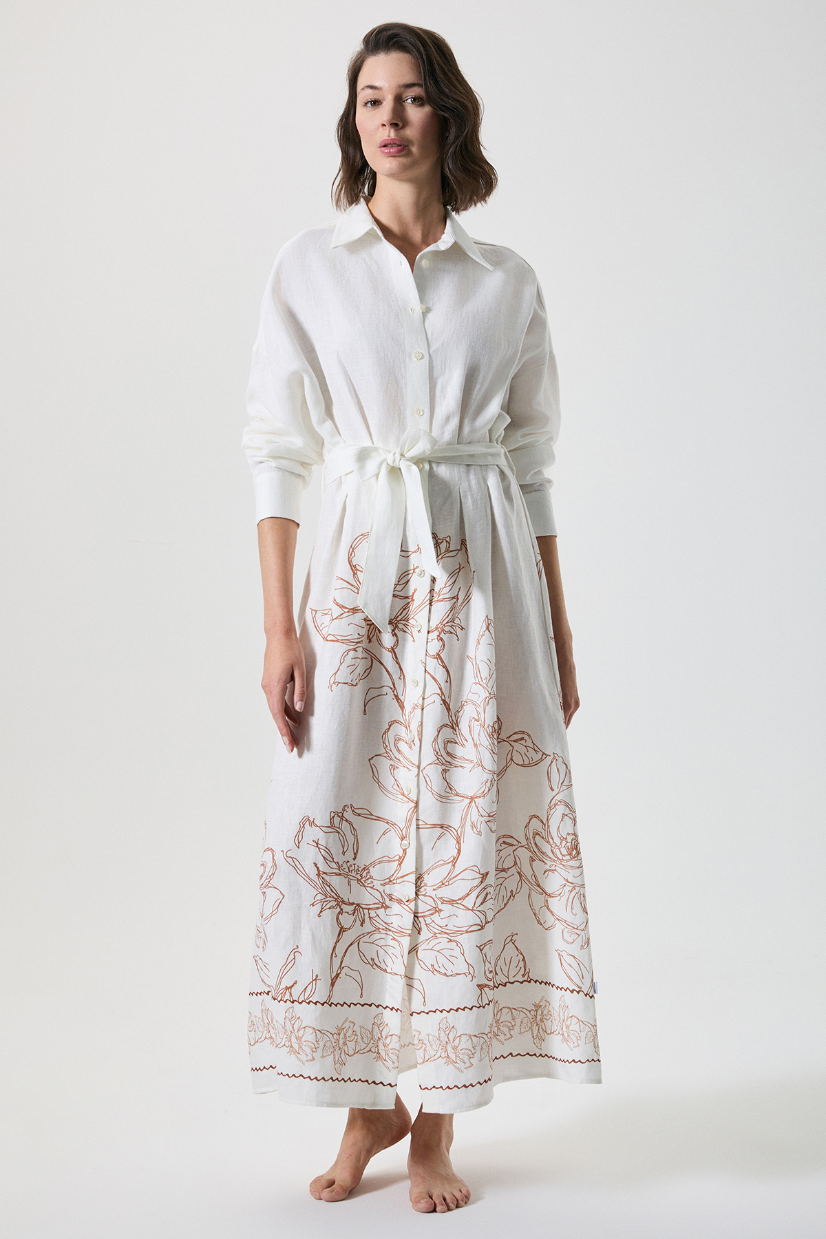 Penye Mood 100% Linen Belinde Pile Detailed Long Waistband with Pleats Shirt Dress