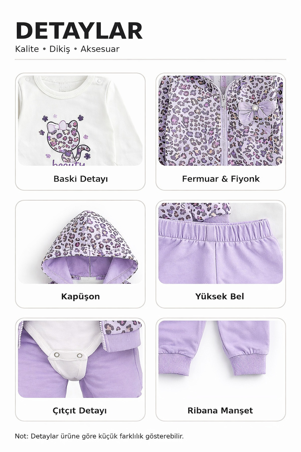 Lika&Nika Yenidoğan Kız Bebek Tulum Takımı %100 Pamuk Yumuşak Nakışlı Kapüşonlu Kedi Mor Leopar Desenli fotoğrafı 5 (önizleme)