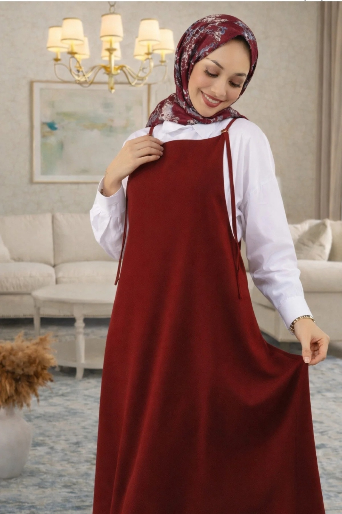 SafaButik  Kadın Bordo Ayarlanabilir İp Askılı Jile Elbise - Görsel 4