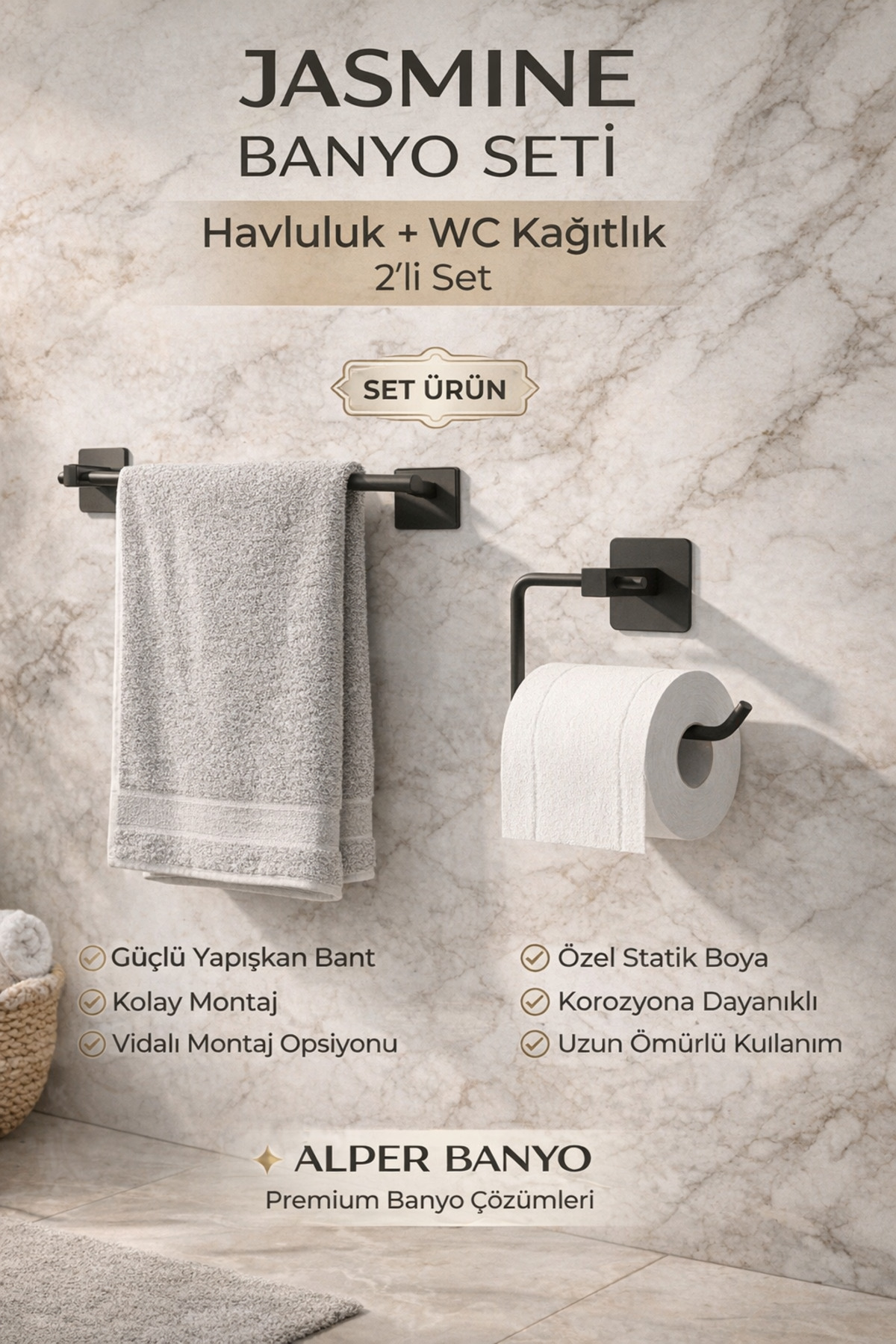 Jasmin 2-Piece Black Square Adhesive Bathroom Set | Paper Holder, Long Towel Holder | Both Adhesive and Mounted