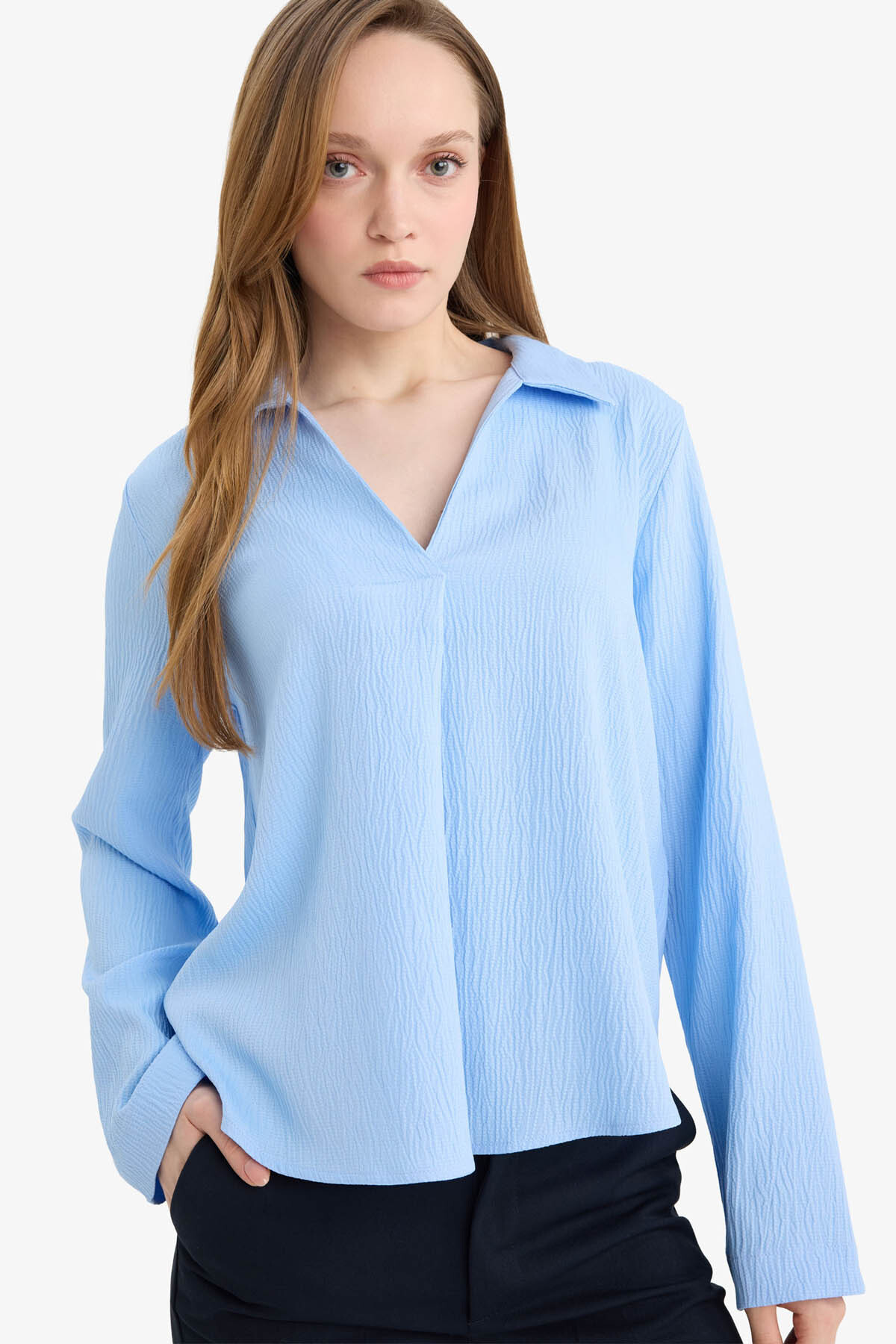 Defacto Relax Fit Shirt Collar Seersucker Textured Long Sleeve Blouse G9141Ax26Sp