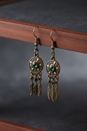 MODAYAŞAR Yeşil Kristal Taşlı ve Tüy Figürlü Etnik Küpe