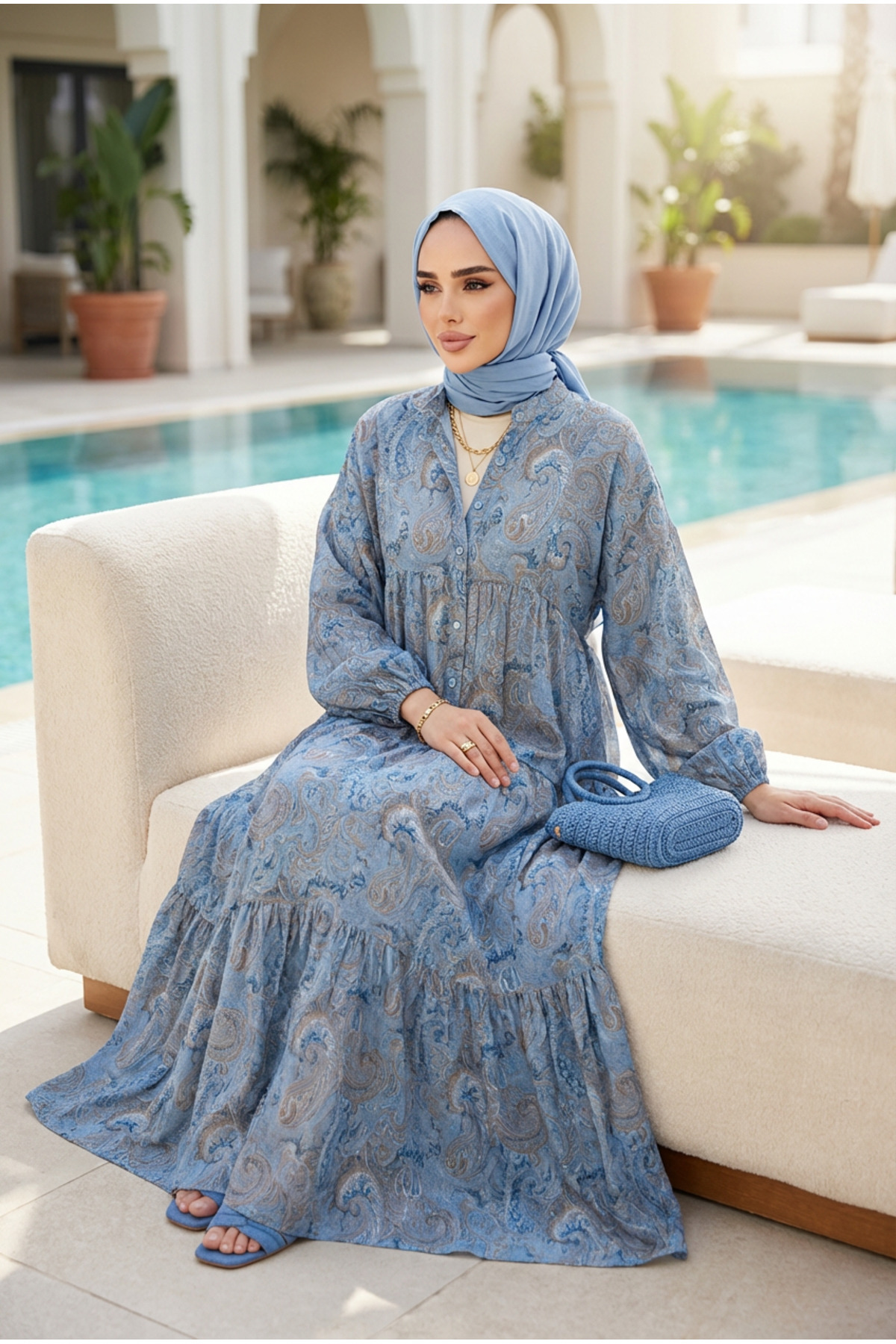 Kirazca Butik  Kadın Desenli Kat Kat Tesettür Elbise (ASTARSIZDIR) - Görsel 4