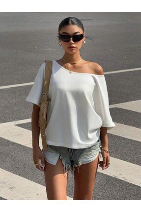 peri tower Kadın Tek Omuz Düşük Omuz Salaş Pamuklu Yumuşak Dokulu Basic Bluz ...