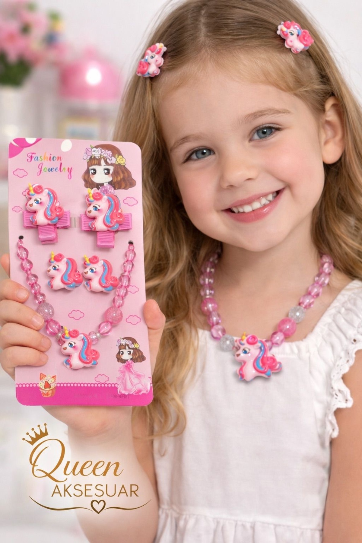 QUEEN AKSESUAR Sevimli unicorn 5li pembe boncuklu pensli lastikli