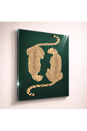 MAVEN Minimal Leopar Cam Tablo Yeşil Zemin Modern Hayvan Temalı Dekoratif Duv...