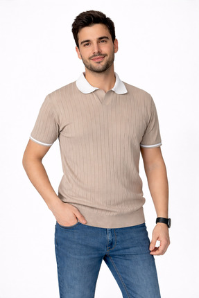 KAREL BUTİK Erkek Vizon Regular Fit İnce Dokulu Kısa Kollu Kol Detaylı Polo Y...