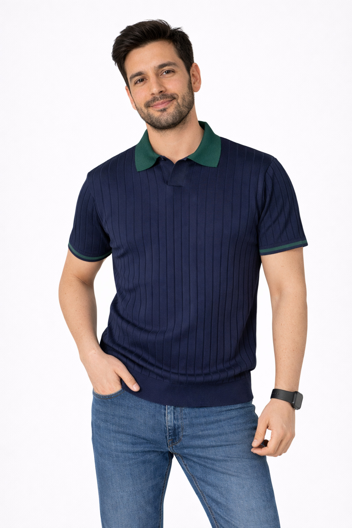 KAREL BUTİK Men's Navy Blue Regular Fit Fine Textured Short Sleeve K Sleeve Detail Polo Neck T-Shirt