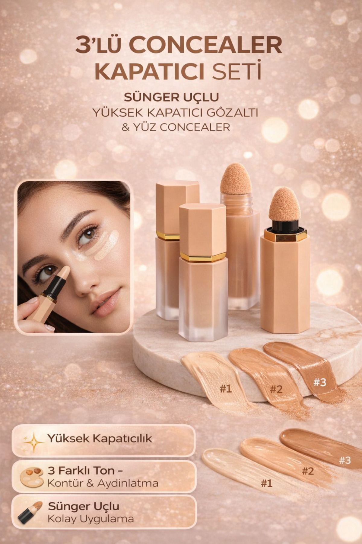 Hane Dostu 3'lü Concealer Kapatıcı Seti – Sünger Uçlu Yüksek