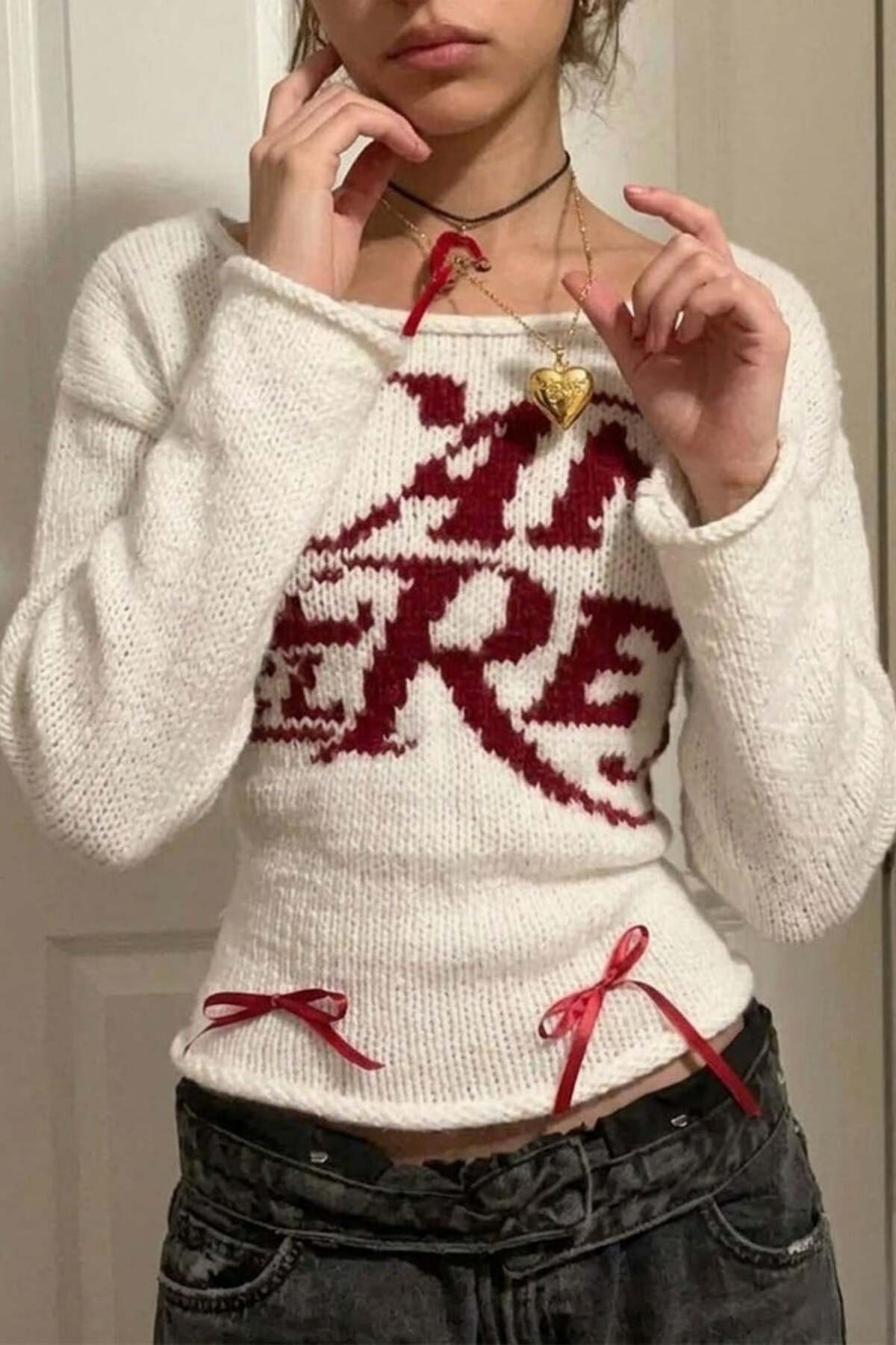 Köstebek  Beyaz Lana Del Rey Fiyonklu Y2K Triko Kazak - Görsel 2