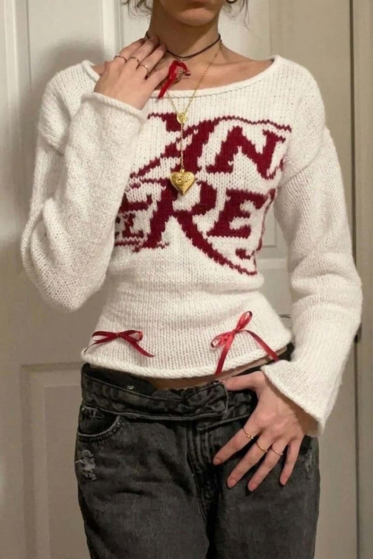 Köstebek  Beyaz Lana Del Rey Fiyonklu Y2K Triko Kazak - Görsel 4