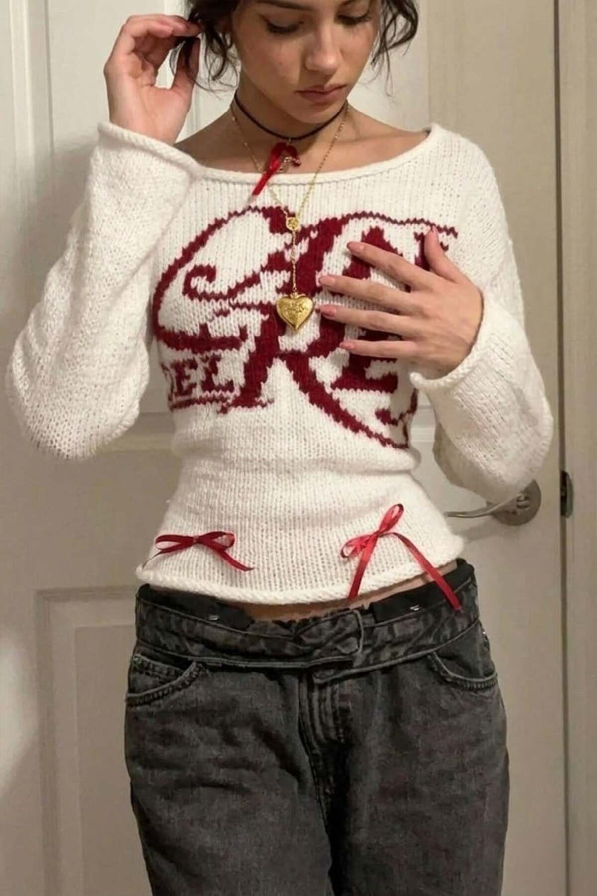 Köstebek  Beyaz Lana Del Rey Fiyonklu Y2K Triko Kazak - Görsel 3