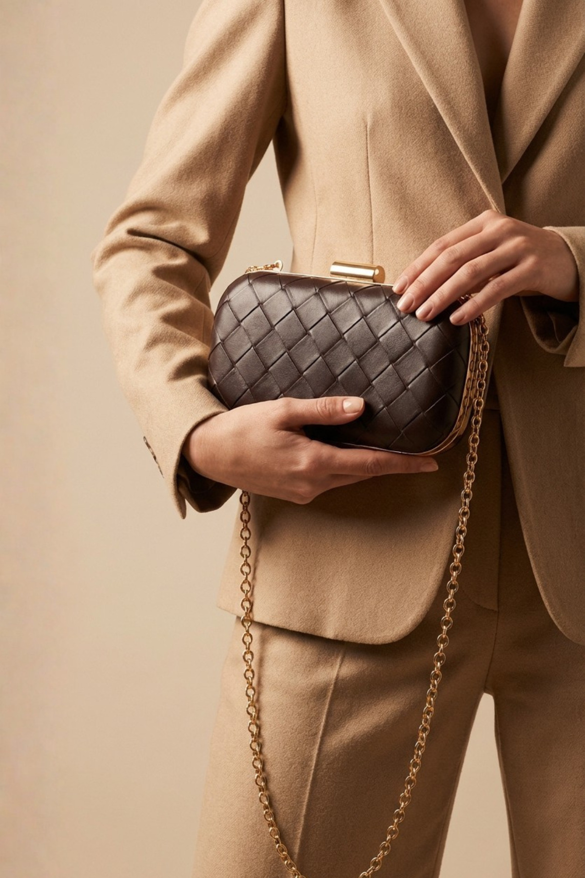 Berlesi Kahverengi Gold Örgü Derili Zincirli Metal Kapaklı Clutch Çanta görsel 2