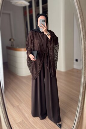 Ka Hijab Dantel Panço Detaylı 3'lü Takım - Kahverengi