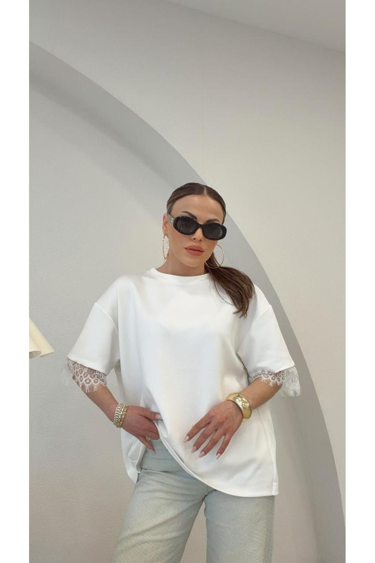 Şulenin Butiği  SIRT DANTEL DETAYLI MODAL BLUZ BEYAZ - Görsel 7