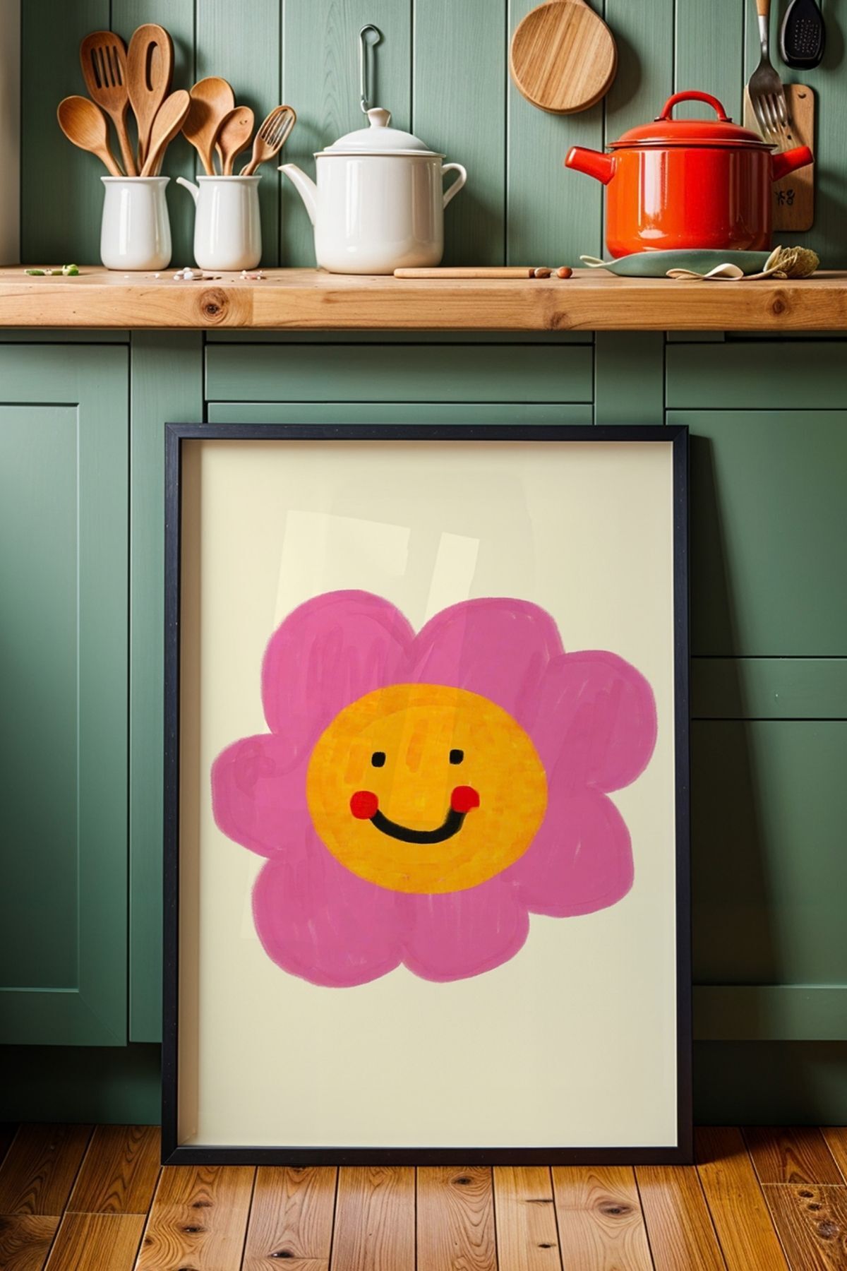 Gülümseyen Çiçek Tablo Minimal Flower Poster Pop Art Duvar Dekoru Çerçevesiz