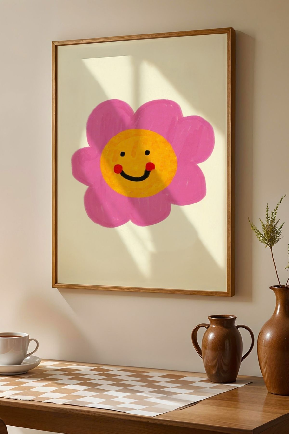 Gülümseyen Çiçek Tablo Minimal Flower Poster Pop Art Duvar Dekoru Çerçevesiz