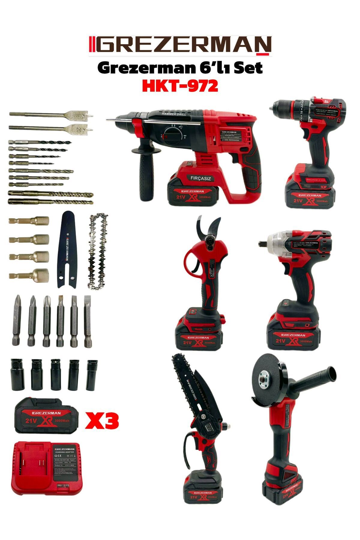 GREZERMAN Kırmızı 6'lı Set Kömürsüz Bakır Sargı Şarjlı Matkap