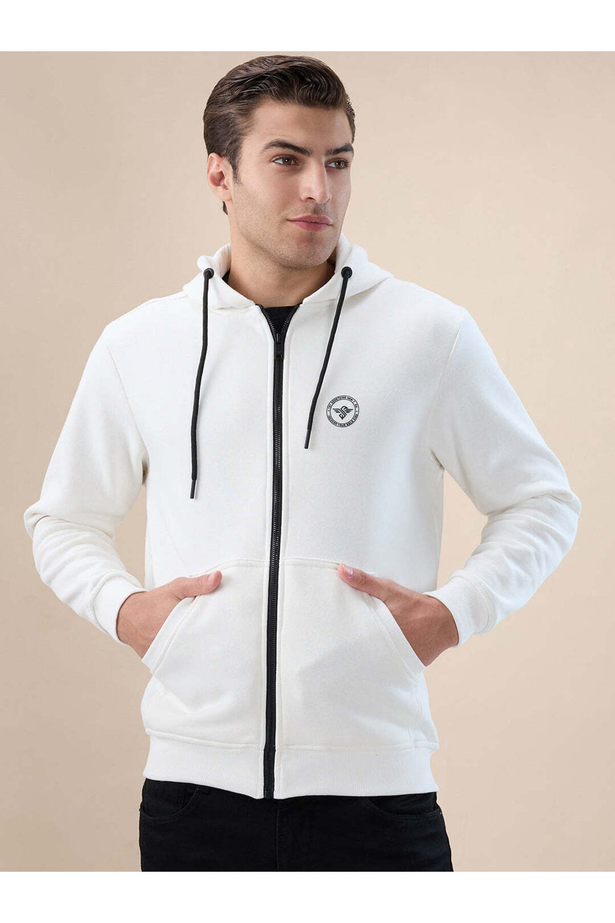 STATUS QUO Solid Brand Logo Hooded Zipper Regular Fit White Sweatshirt
