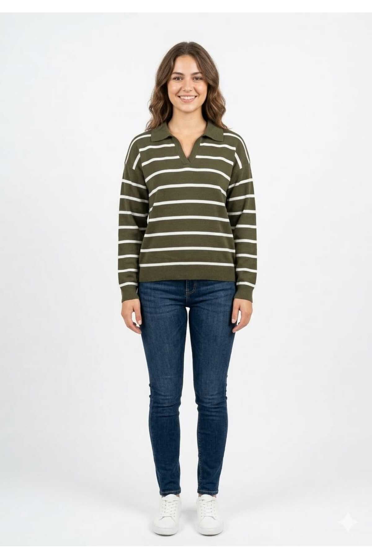Women's Polo Neck Striped Knitwear Sweater