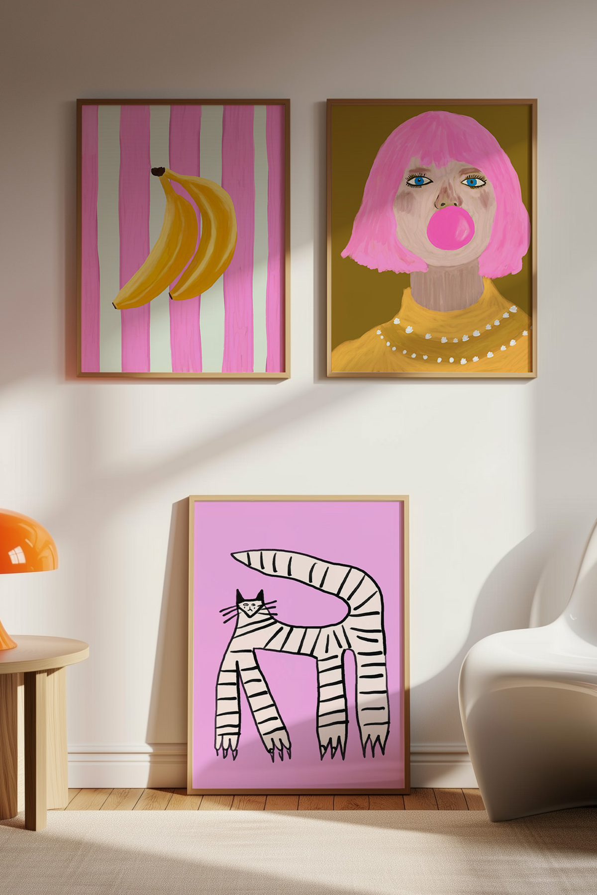 3’lü Modern Tablo Seti Kadın Portre Kedi ve Muz İllüstrasyon Poster Salon Duvar Dekoru Çerçevesiz