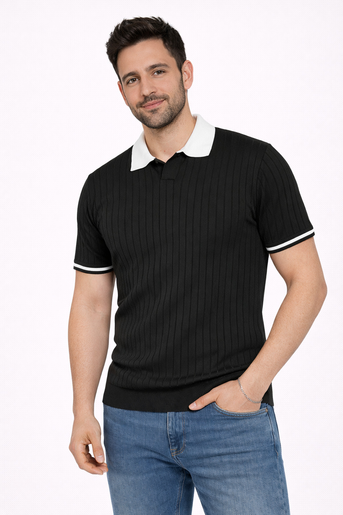 KAREL BUTİK Men's Black Regular Fit Fine Textured Short Sleeve K Sleeve Detail Polo Neck T-Shirt