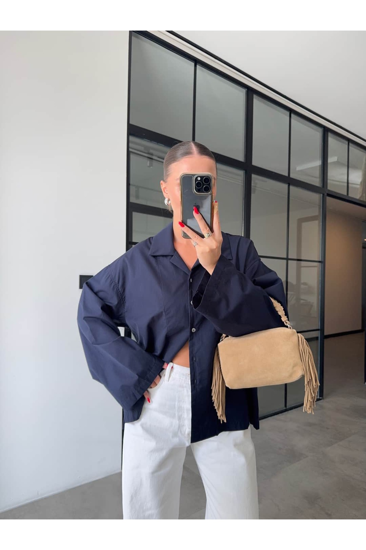 BB Bensu Buyruk  OVERSİZE POPLİN KUMAŞ GÖMLEK LACİVERT