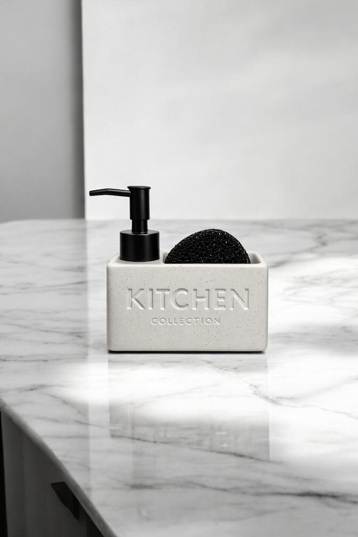 Kitchen Yazılı Beyaz Süngerlikli Sıvı Sabunluk | Mutfak Sabunluk ve Süngerlik Tezgah Düzenleyici