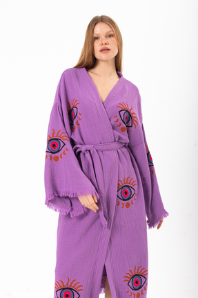 Denizli Kimono %100 Organik Pamuk Ay Göz Desen Baskılı Muslin Kimono Kaftan, ...