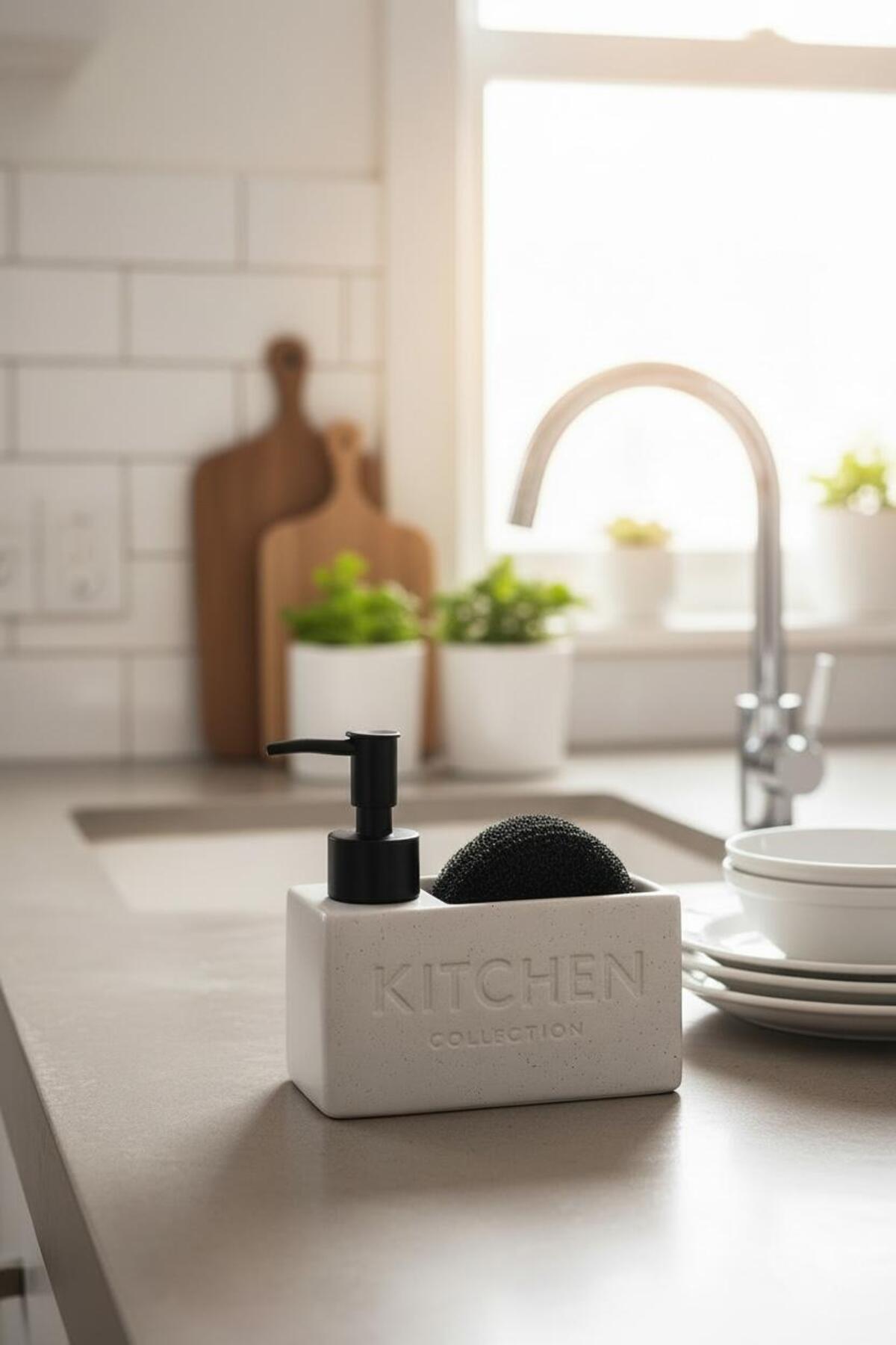 Kitchen Yazılı Beyaz Süngerlikli Sıvı Sabunluk | Mutfak Sabunluk ve Süngerlik Tezgah Düzenleyici